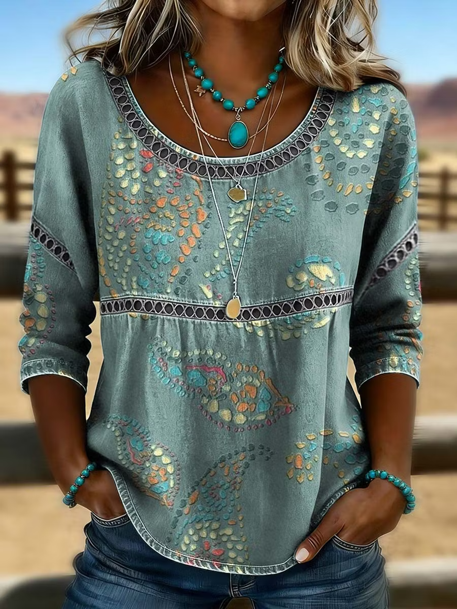 Vintage Art Print Casual 3/4 Sleeves Hollow Shirt